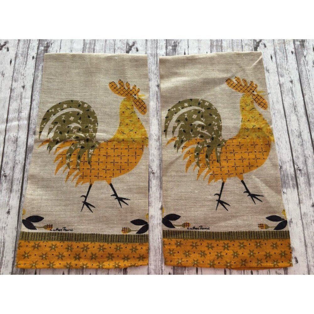 NEW Vintage MCM 60s Linen Tea Kitchen Towels Rooster Chicken PAIR